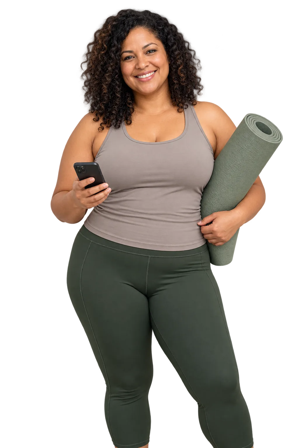 Illustrative woman holding her phone and exercise mat